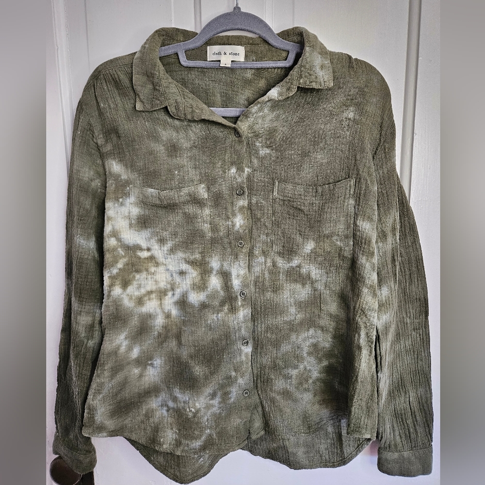 Anthropologie Cloth & Stone Green Tye Dye Long Sleeve Button Down Shirt Large